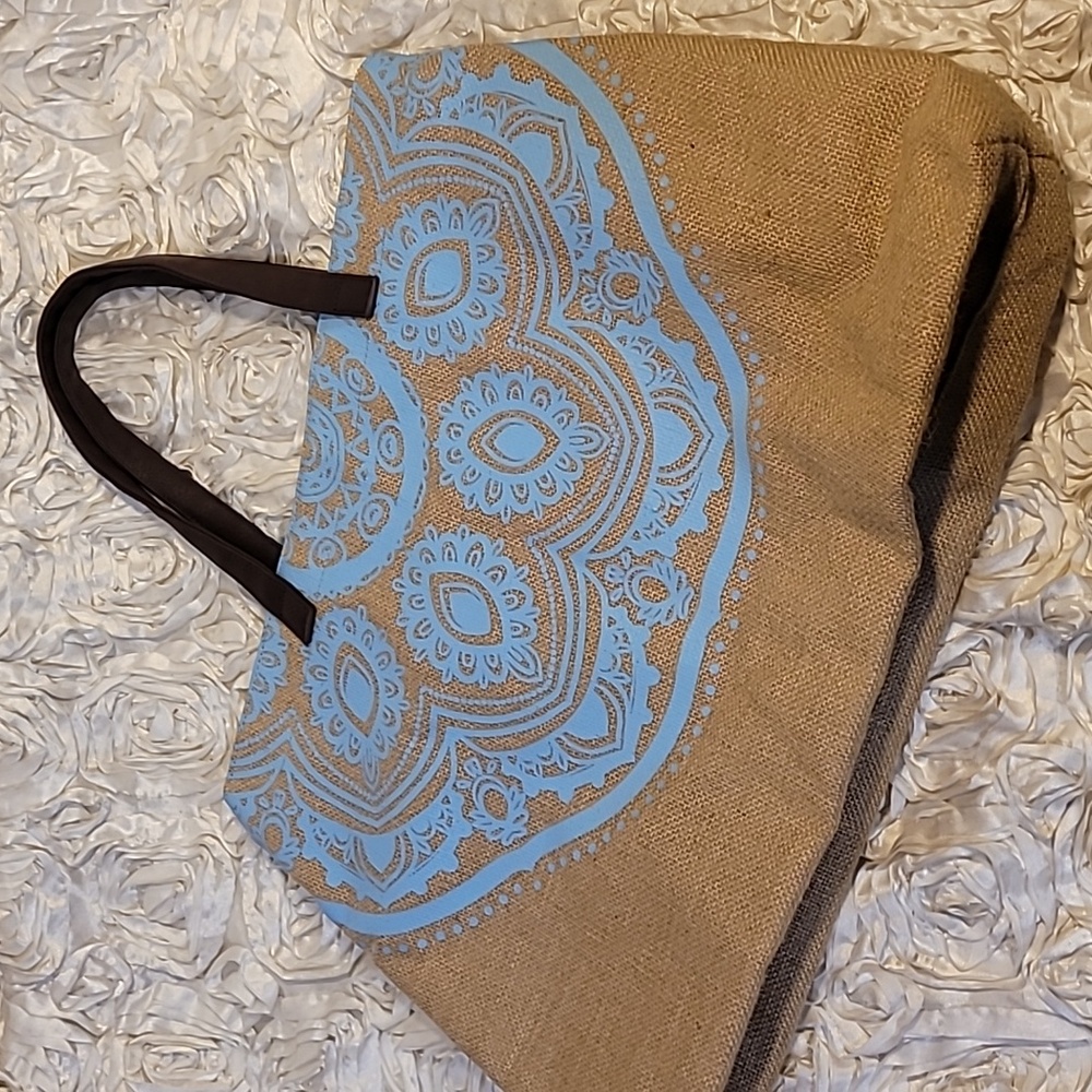 Burlap Tote Bag Bohemian Mandala Design Large Beach / Shopping Bag.